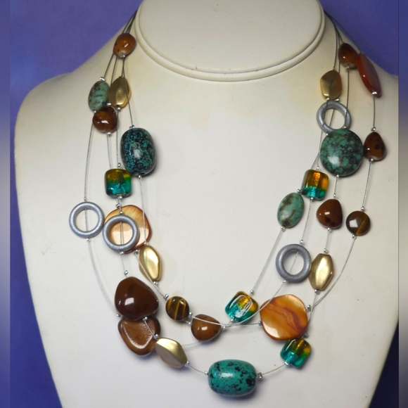 Chico's Multi Strand Silver Tone Brown & Green Beaded Necklace - Picture 1 of 7